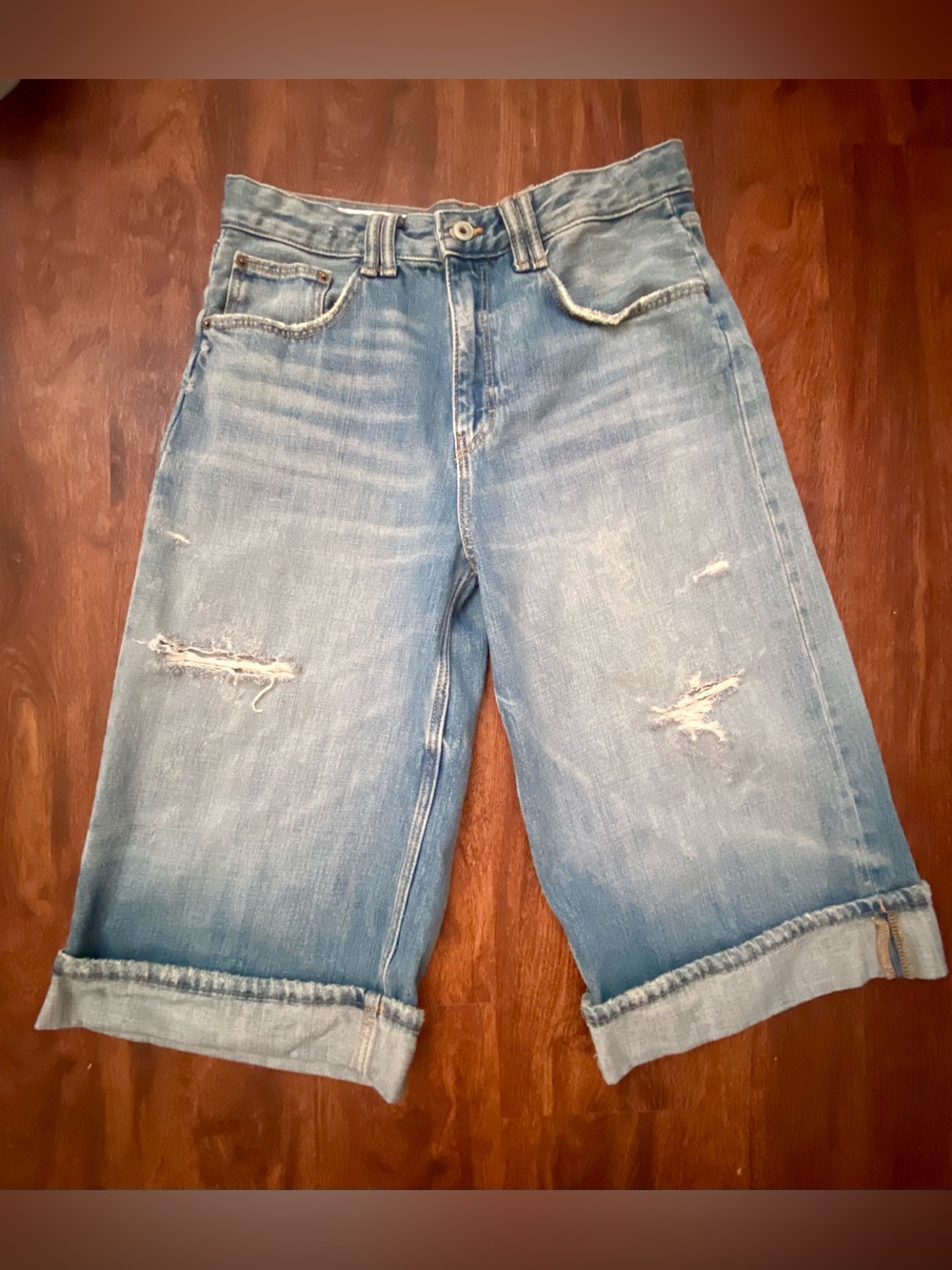 ZARA TRF MID RISE RIPPED DENIM JORTS - Picture 7 of 13